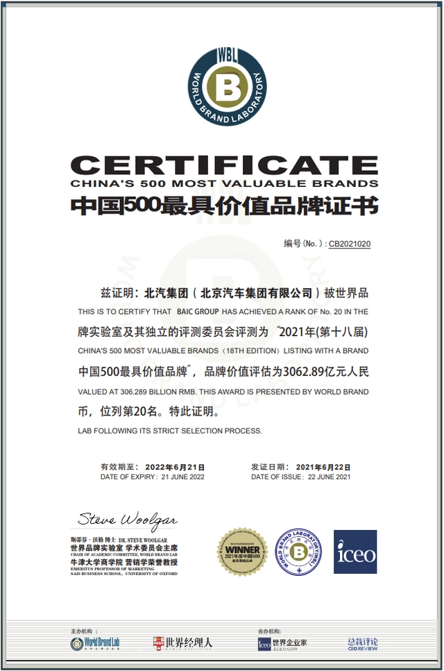 BAIC RANKS NO. 20 IN CHINA’S 500 MOST VALUABLE BRANDS OF 2021